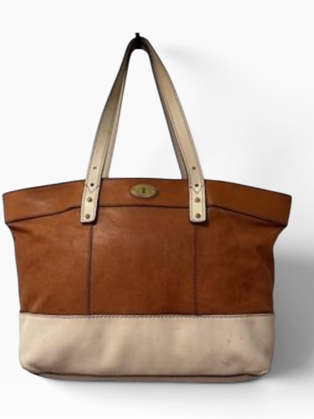 Fossil Hunter Tote brown and cream colorblock leather Large